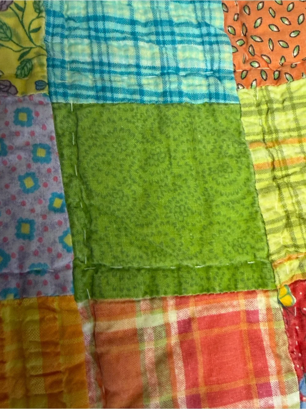 Vintage hand sewn colorful patchwork quilt postage stamp squares 84x84